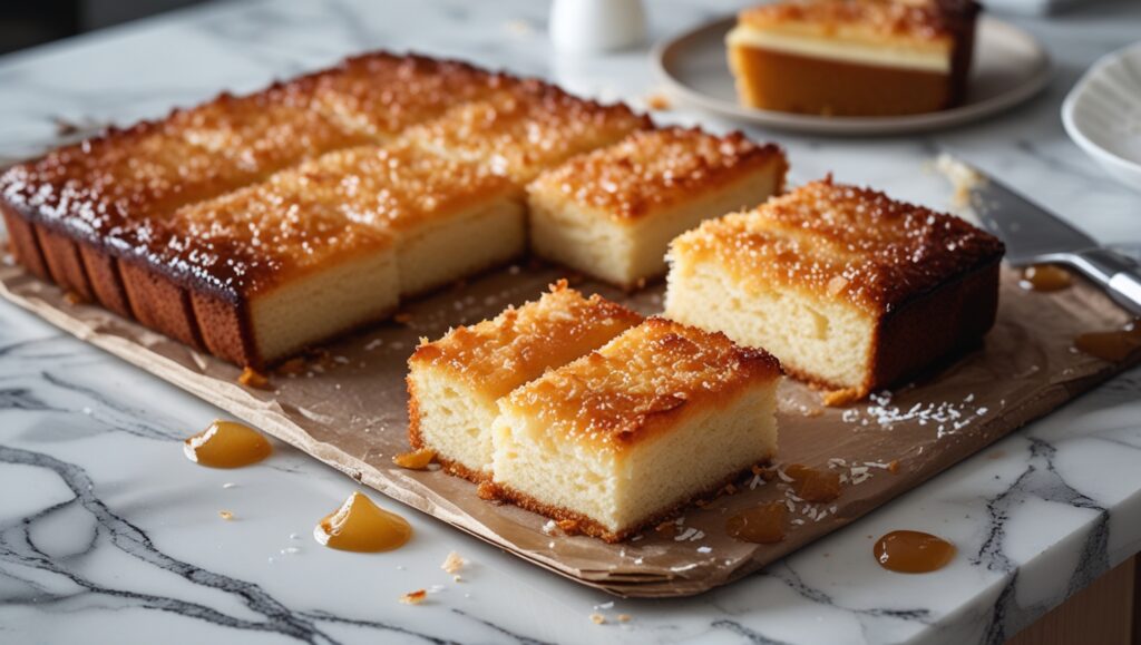 Freshly baked dream cake with golden coconut topping