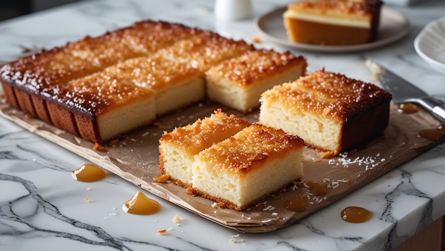 Freshly baked dream cake with golden coconut topping