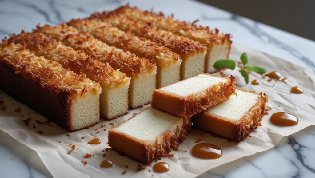 Dream Cake Recipe: How to Make 1 Drømmekage at Home 5 Golden slices of Danish Dream Cake with caramelized coconut topping on parchment paper