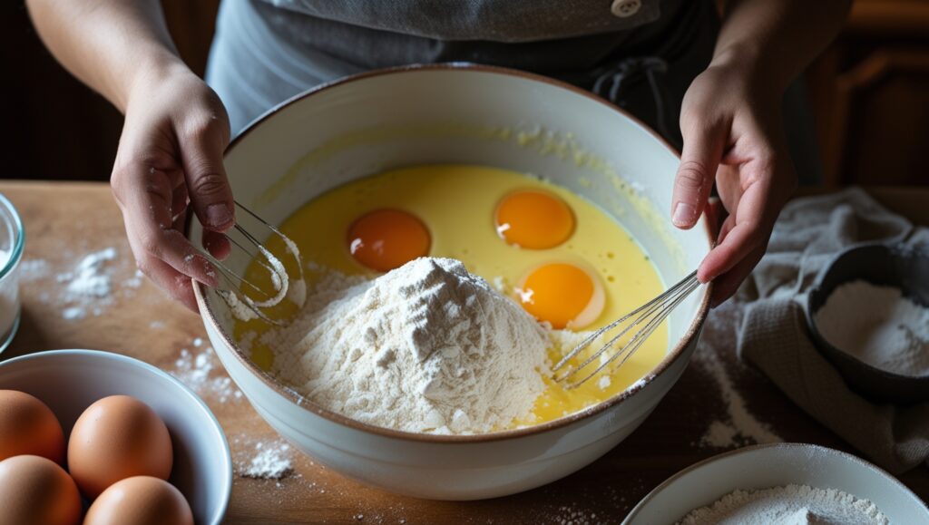 Dream Cake Recipe: How to Make 1 Drømmekage at Home 4 Folding flour into whipped eggs for dream cake batter