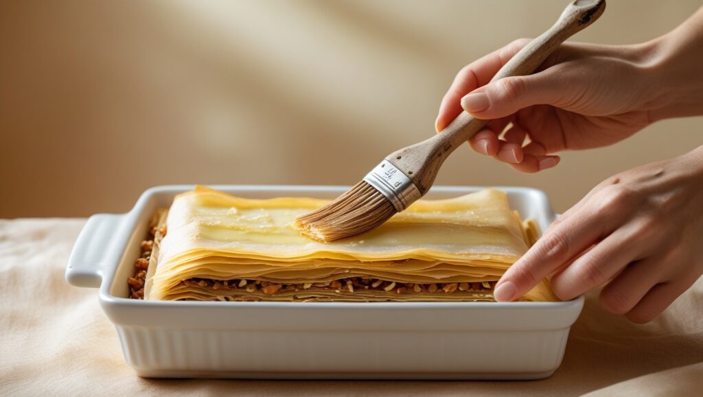 Greek Baklava Recipe – Traditional & Irresistible Layers 7 Layering phyllo dough for Greek Baklava Recipe
