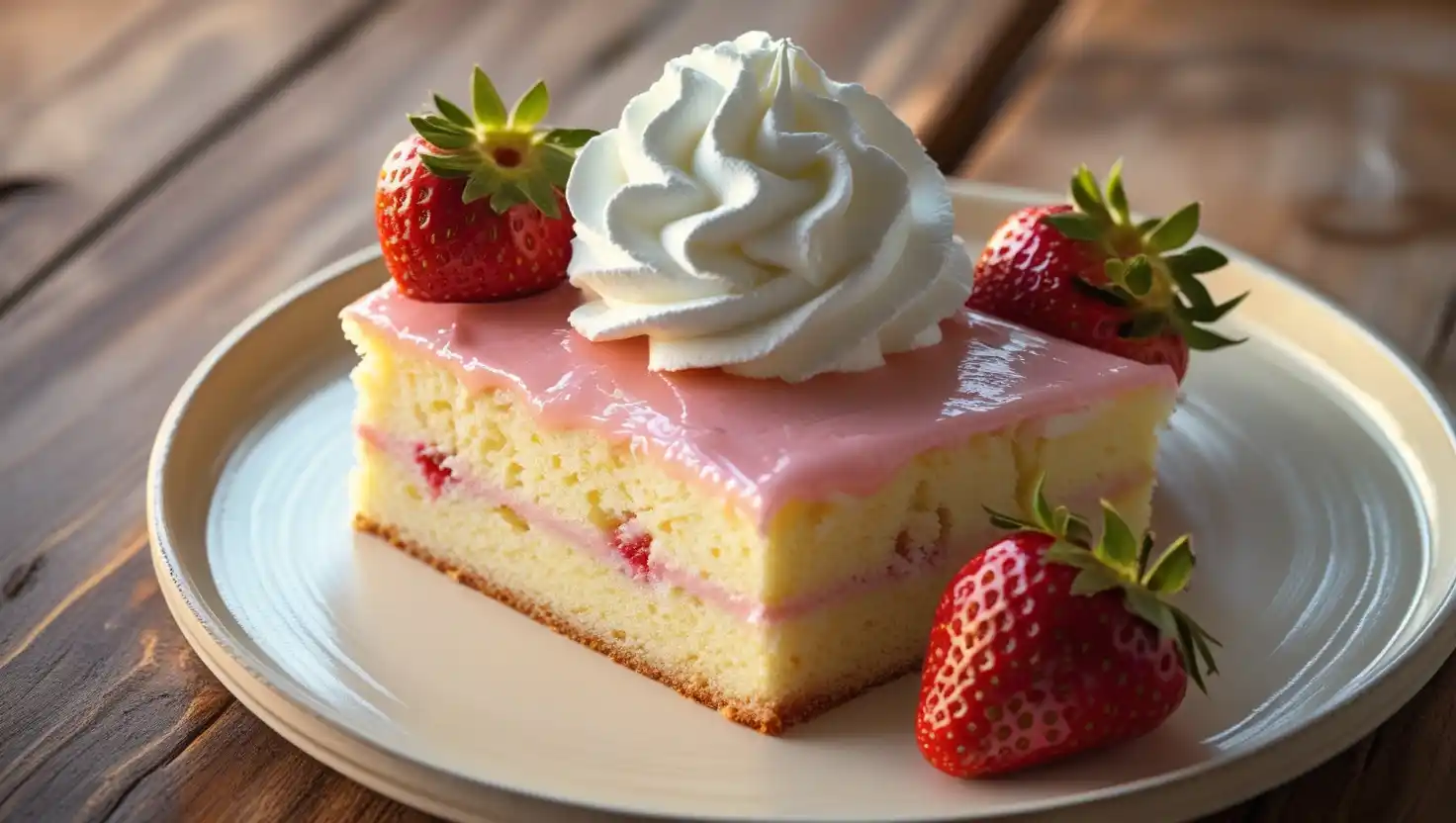 Pastel de Tres Leches on a rustic plate with whipped cream and strawberries