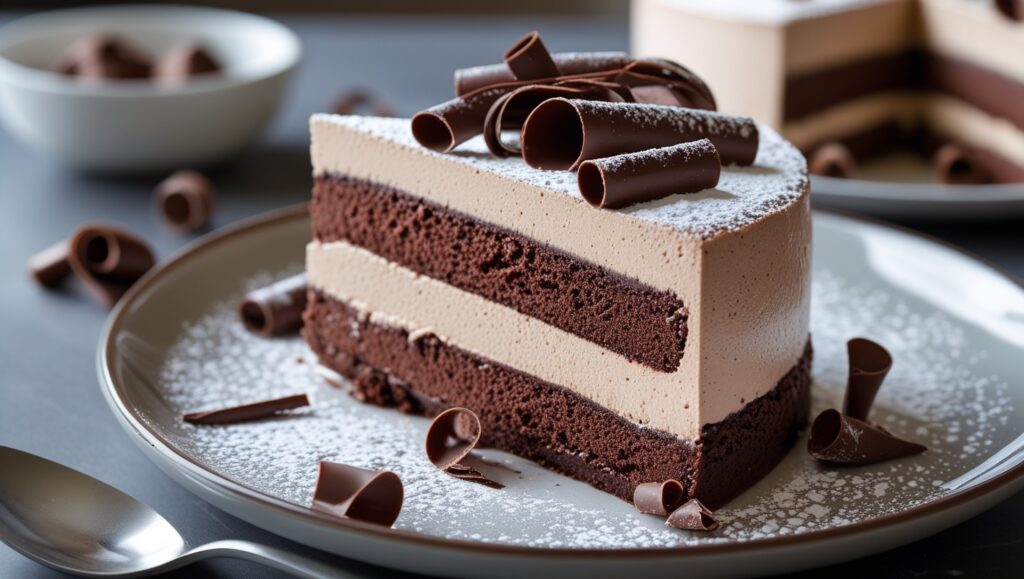 Triple Chocolate Mousse Cake – 3-Layer Delight That Impresses 11 Slice of Triple Chocolate Mousse Cake