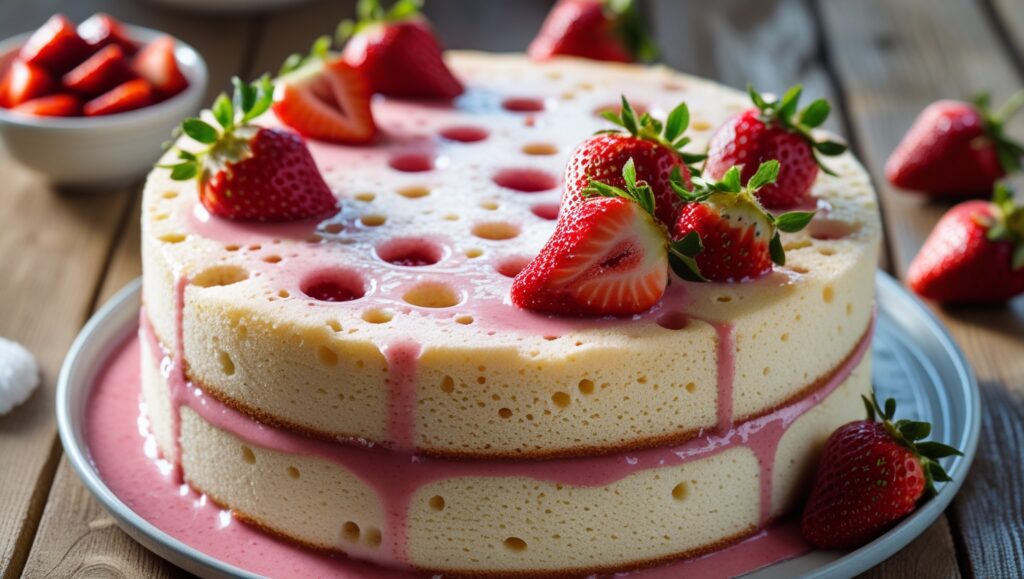 Strawberries and Cream Tres Leches Cake – Amazing Twist with 3 Milks 6 Strawberry tres leches cake being soaked with a creamy milk and mashed strawberry mixture