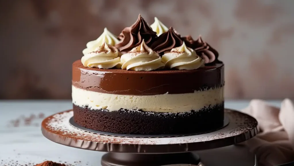 Triple Chocolate Mousse Cake on cake stand