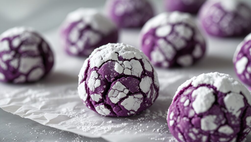 Ube Crinkle Cookies – Soft & Stunning Filipino Favorite (Easy Recipe) 8 Ube cookie dough balls rolled in sugar ready to bake