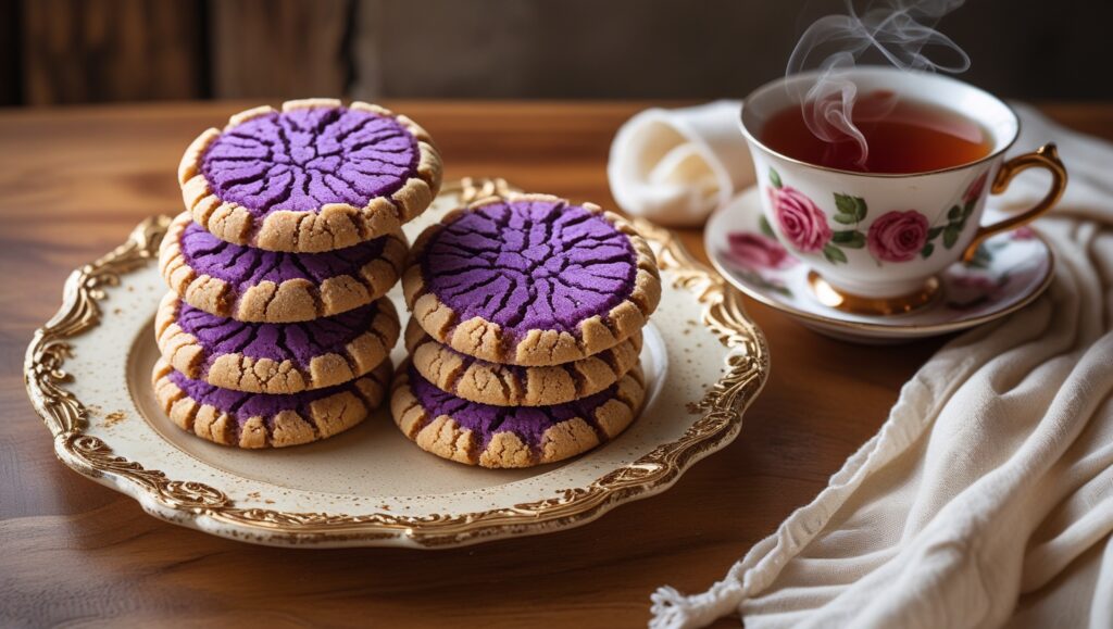 Ube Crinkle Cookies – Soft & Stunning Filipino Favorite (Easy Recipe) 9 Fresh ube crinkle cookies stacked on dessert plate
