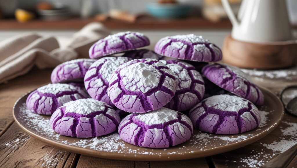 Ube crinkle cookies dusted with powdered sugar on a wooden table