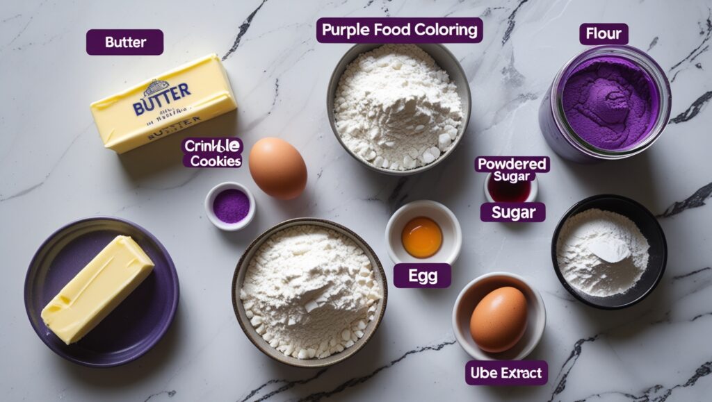 Ube Crinkle Cookies – Soft & Stunning Filipino Favorite (Easy Recipe) 7 Ingredients for making ube crinkle cookies laid on marble