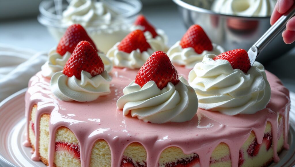 Strawberries and Cream Tres Leches Cake – Amazing Twist with 3 Milks 7 whipped cream strawberry tres leches cake frosting technique