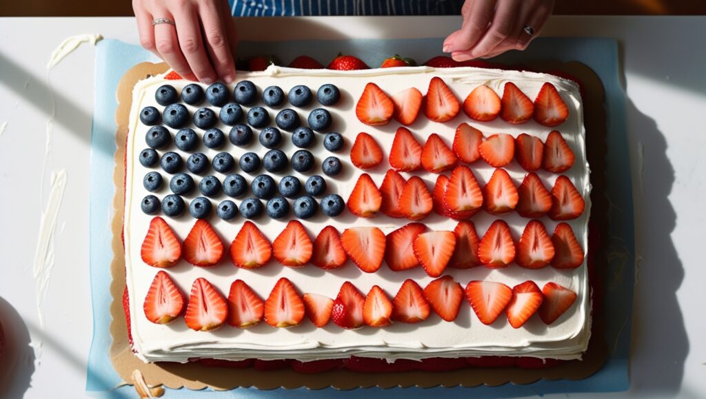 American_Cake Recipe: 1 Stunning Patriotic Dessert You Need 9 Easy American flag cake being decorated with blueberries for stars and strawberry stripes, top-down view of a festive Fourth of July dessert in progress.