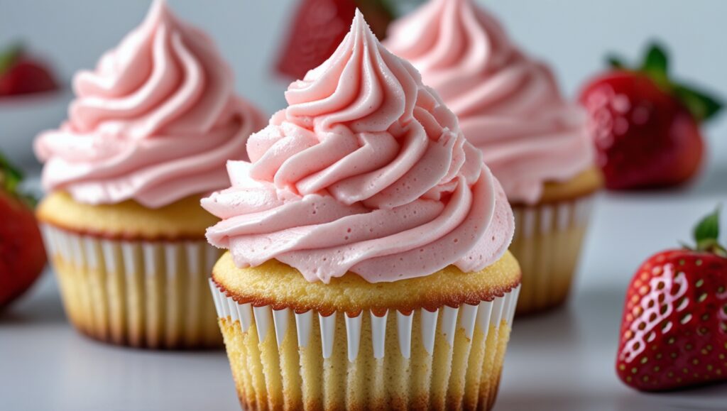 Strawberry cream cheese frosting piped on vanilla cupcake