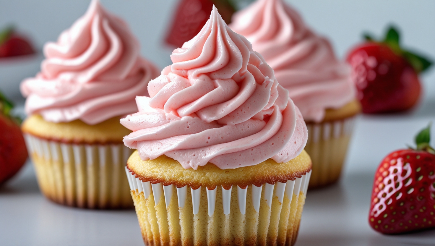 Strawberry cream cheese frosting piped on vanilla cupcake