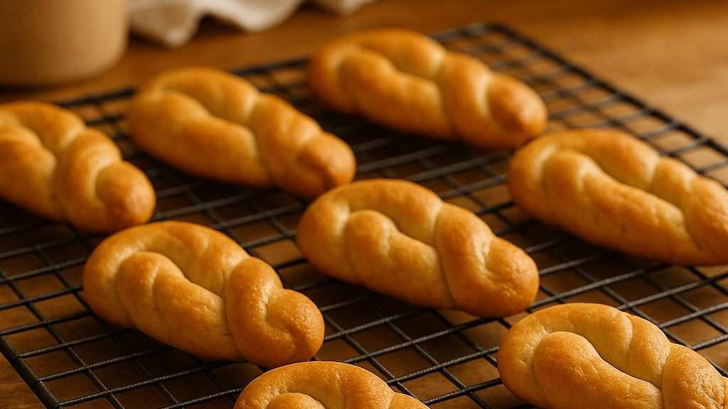 The Ultimate Koulourakia Recipe: 3 Simple Steps to Classic Greek Cookies 5 Golden Greek koulourakia cookies cooling on a wire rack after baking, showcasing their shiny, braided shapes and crisp texture.
