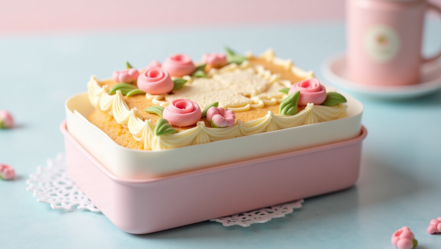 pastel bento cake with buttercream flowers in lunchbox