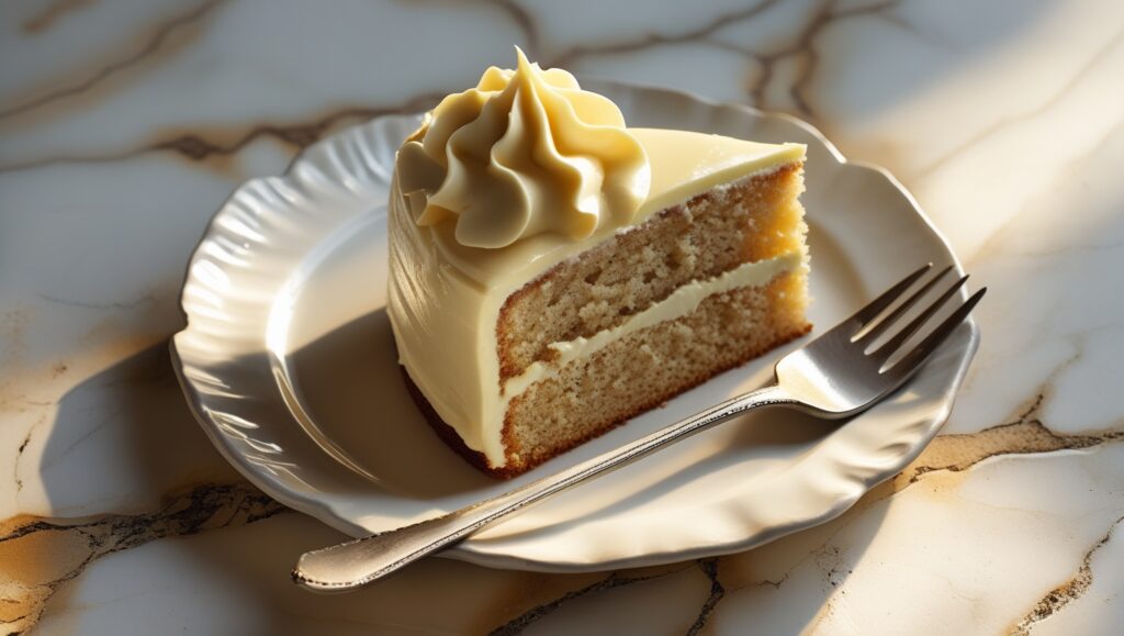 Banana cake slice with banana cream frosting