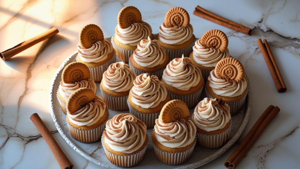 RumChata cupcakes with cinnamon frosting and Pirouette cookies