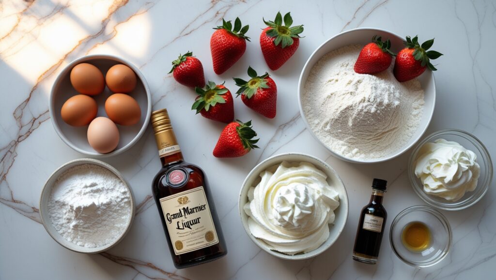 Cassata Cake Recipe, Cleveland’s Favorite Strawberry Custard Dessert 6 Cassata cake ingredients flat lay on marble countertop including eggs, strawberries, sugar, flour, cream, and Grand Marnier