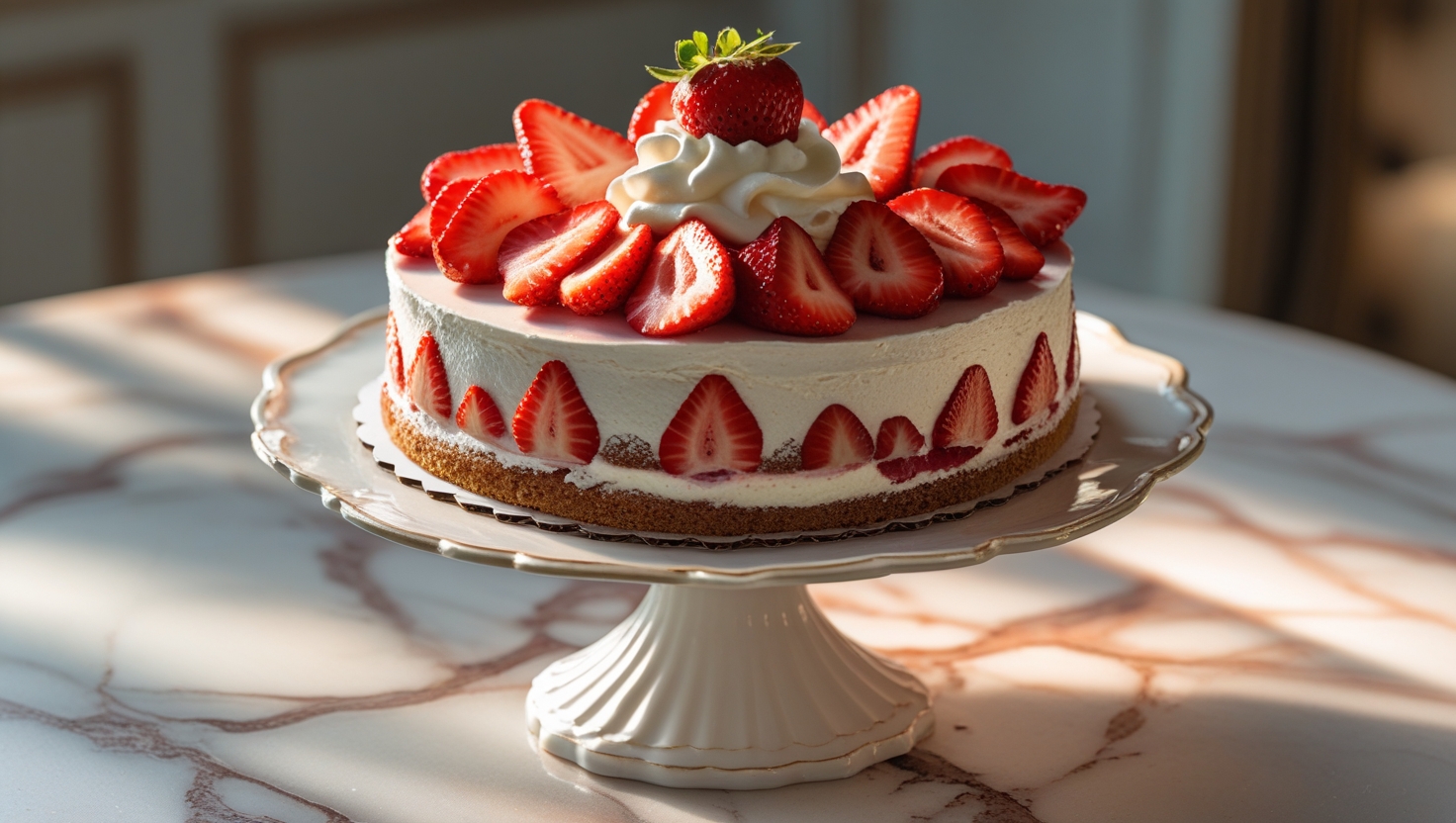 Cassata Cake Recipe, Cleveland’s Favorite Strawberry Custard Dessert 5 Cleveland-style cassata cake with strawberries, custard, and whipped cream on a white cake stand