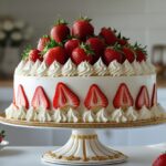 Cassata Cake Recipe, Cleveland’s Favorite Strawberry Custard Dessert 7 Fully decorated cassata cake with whipped cream and strawberries on a cake stand