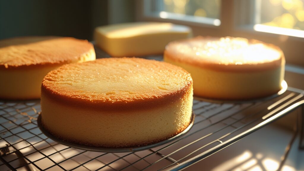 Cassata Cake Recipe, Cleveland’s Favorite Strawberry Custard Dessert 8 Freshly baked sponge cake in round pans cooling on a rack in soft natural light