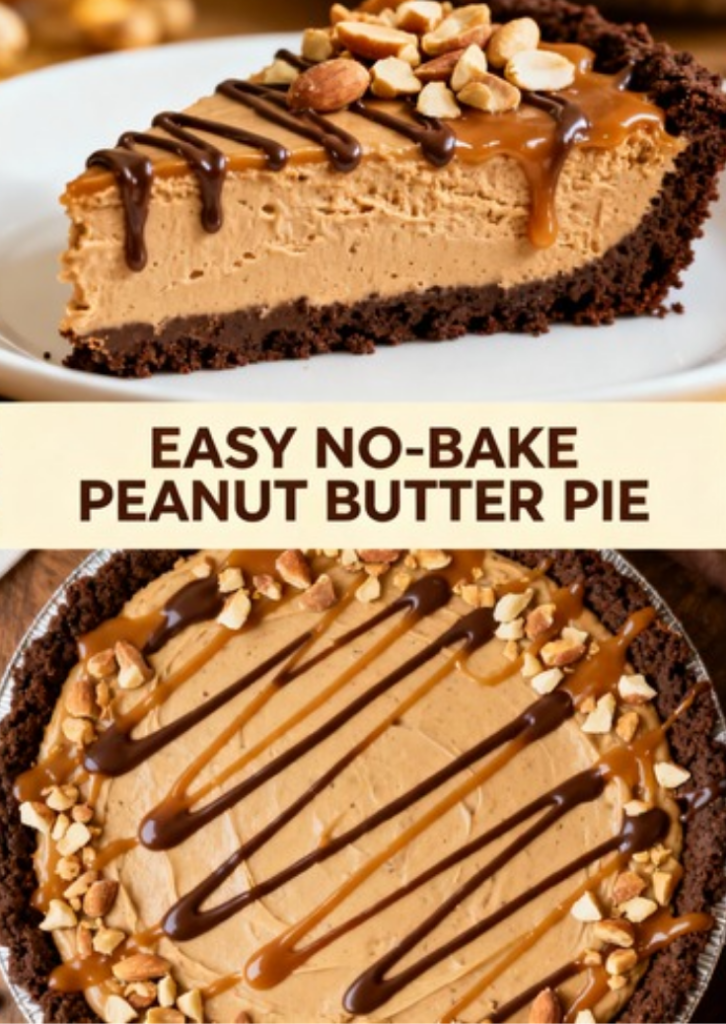 Slice of easy no-bake peanut butter pie with chocolate cookie crust, chopped peanuts and caramel and chocolate drizzle on a white plate