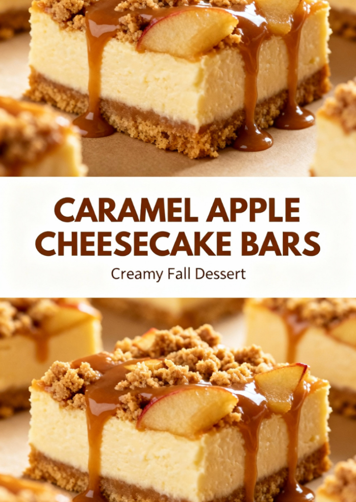 Close up of a caramel apple cheesecake bar with creamy cheesecake, apple crumb topping and dripping caramel sauce.