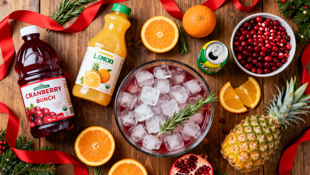 Flat lay of Christmas punch ingredients: cranberry juice, orange juice, pineapple juice, lemon-lime soda, ice, fresh cranberries, orange slices, pomegranate seeds, and rosemary on a festive wooden table 