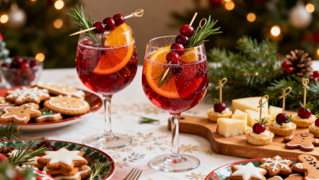 Festive Christmas punch serving scene: glasses of sparkling red punch with orange slices, cranberry skewers, and rosemary on a holiday table with cookies, cheese bites, gingerbread, and evergreen decor