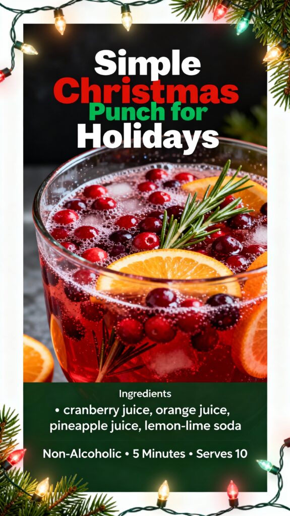 Pinterest pin for Simple Christmas Punch for Holidays: title text at top, vibrant punch bowl image with cranberries and garnishes in middle, ingredients list and details at bottom