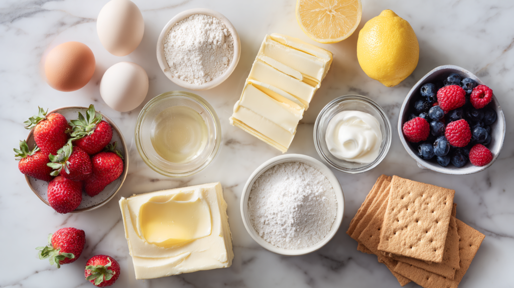 Ultimate New York Cheesecake at Home 4 Top-down view of New York cheesecake ingredients arranged on a white marble countertop with cream cheese, graham crackers, eggs, butter, sour cream, berries, and lemon.