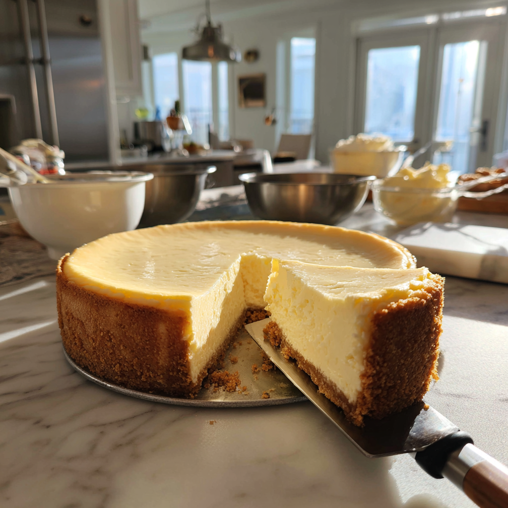 Ultimate New York Cheesecake at Home 5 Close-up of a creamy homemade New York cheesecake with a golden graham cracker crust being sliced in a modern kitchen.