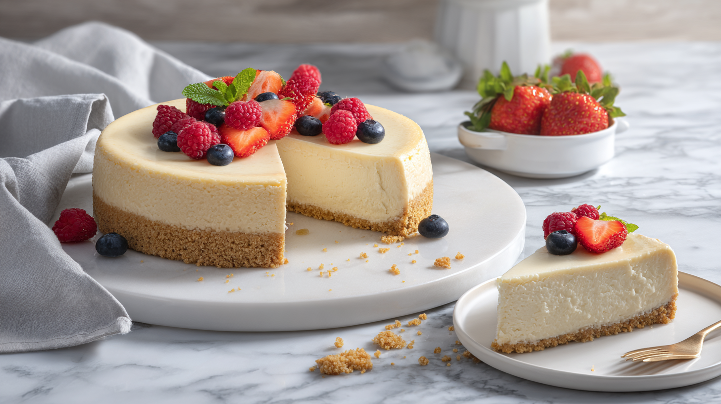 Ultimate New York Cheesecake at Home 3 Creamy New York cheesecake with a graham cracker crust topped with fresh strawberries, raspberries, and blueberries, served on white plates.